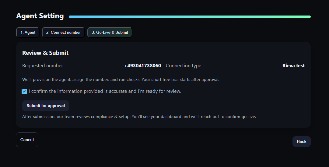 RIEVA Go-Live Schritt mit Review, Bestätigungs-Checkbox und Button zum Einreichen zur Prüfung