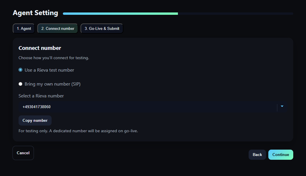 RIEVA Agenten-Einstellung mit Testnummer, SIP-Option und Copy-to-Clipboard-Funktion